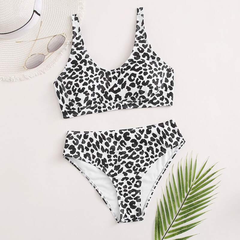 

Leopard Print Bikini Swimsuit, Black and white