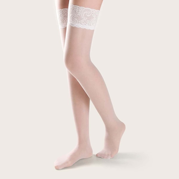 

Contrast Lace Trim Over The Knee Mesh Socks, White