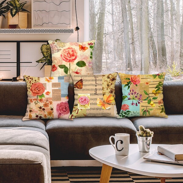 

1pc Flower Print Cushion Cover Without Filler, Multicolor