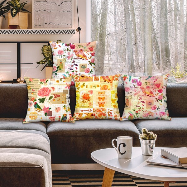 

1pc Flower Print Cushion Cover Without Filler, Multicolor