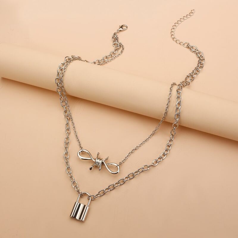 

Lock Charm Layered Necklace, Silver