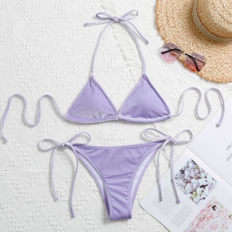 Velvet Self-Tie Triangle Bikini Swimsuit Set, Pastel lilac purple