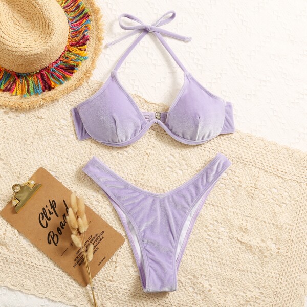 

Velvet Underwire High-Leg Bikini Swimsuit, Pastel lilac purple