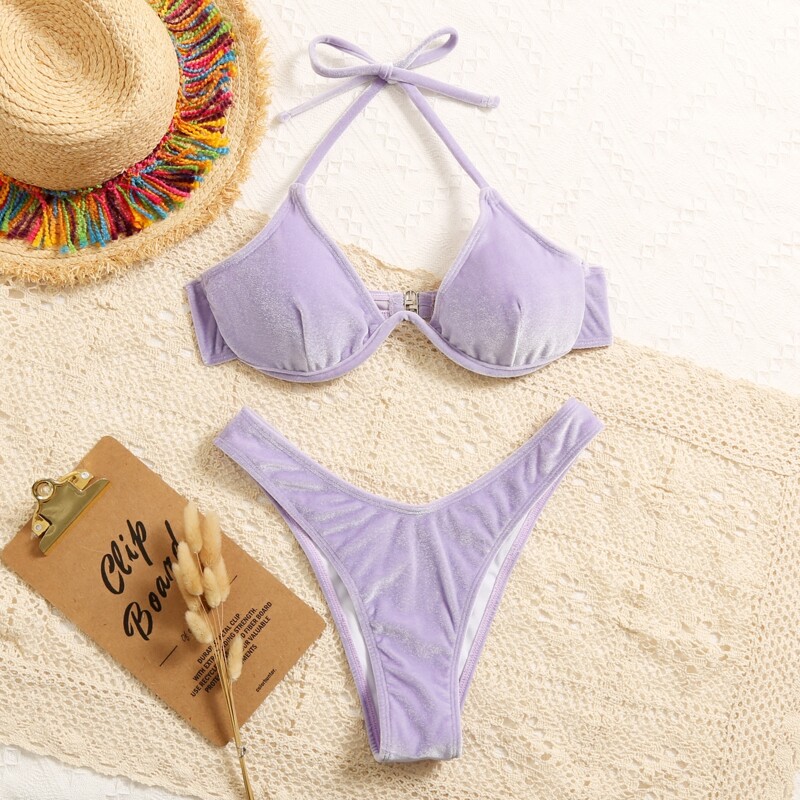 

Velvet Underwire High-Leg Bikini Swimsuit, Pastel lilac purple