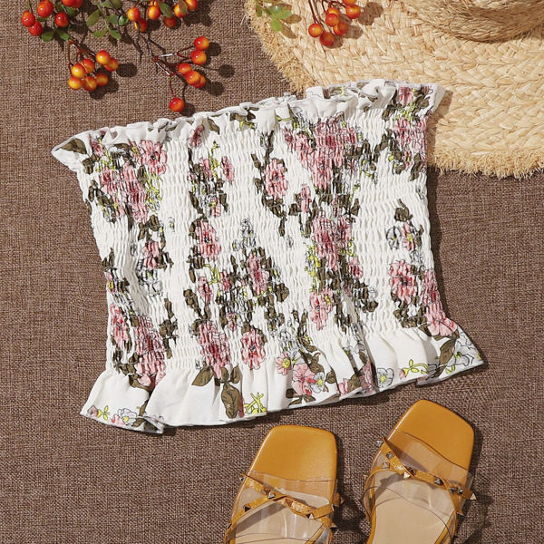 

Floral Print Shirred Tube Top, White