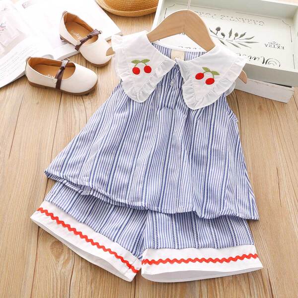 

Toddler Girls Cherry Embroidery Stripe Top & Shorts, Blue and white
