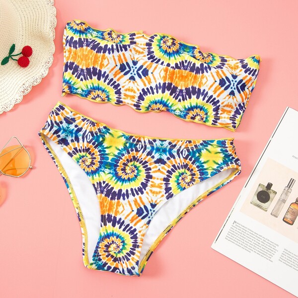 

Tie Dye Lettuce Trim Bandeau Bikini Swimsuit, Multicolor