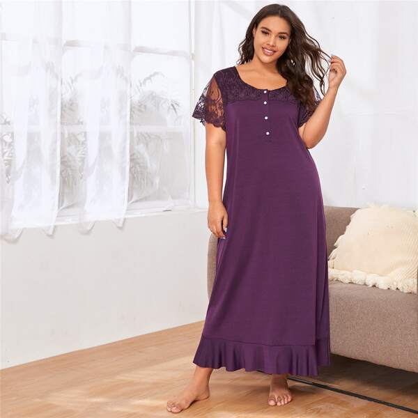 

Plus Lace Panel Ruffle Hem Nightdress, Purple