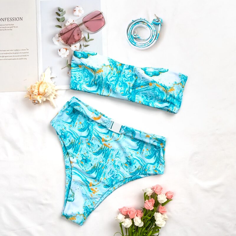 

Marble Print Bandeau Bikini Swimsuit, Bright mint blue