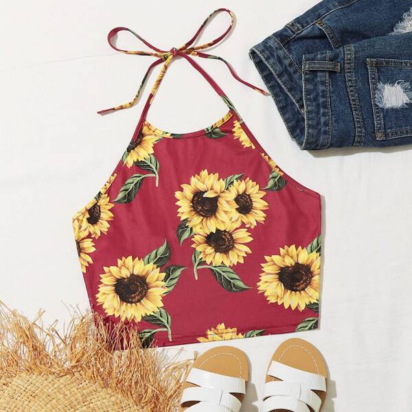 

Sunflower Print Tie Back Halter Top, Burgundy