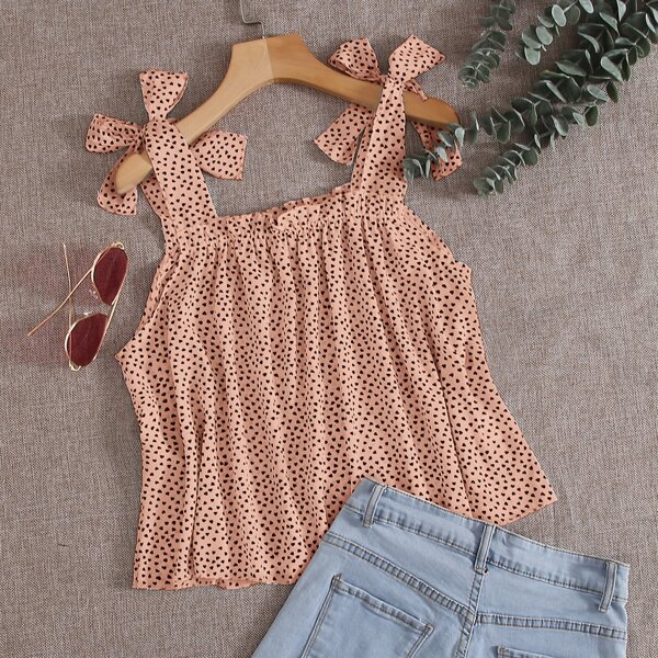 

Frill Trim Knotted Heart Print Cami Top, Dusty pink