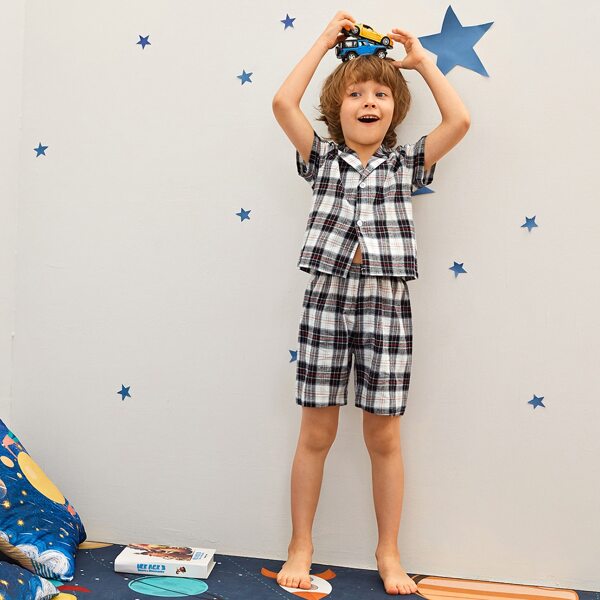 

Toddler Boys Lapel Neck Plaid PJ Set, Multicolor