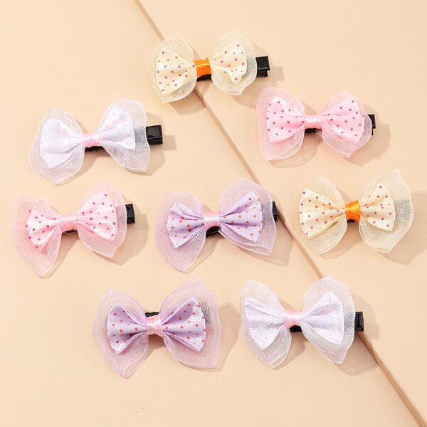 

8pcs Girls Polka Dot Bow Decor Hair Clip, Multicolor