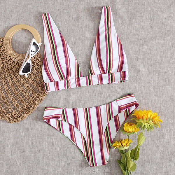 

Striped Print Bikini Swimsuit, Multicolor