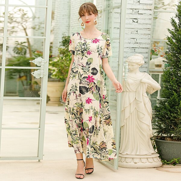 

Tropical Print Ruffle Hem Smock Dress, Multicolor