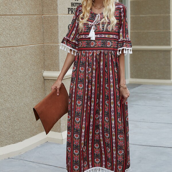 

Aztec Print Fringe Trim Tie Neck Dress, Multicolor