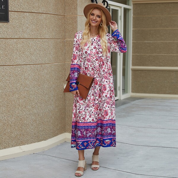 

Floral & Tribal Print Smock Dress, Multicolor