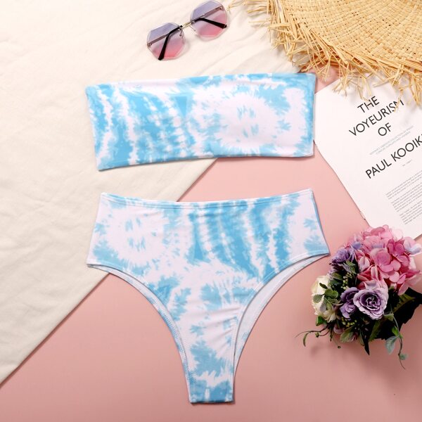 

Tie Dye Bandeau Bikini Swimsuit, Blue and white