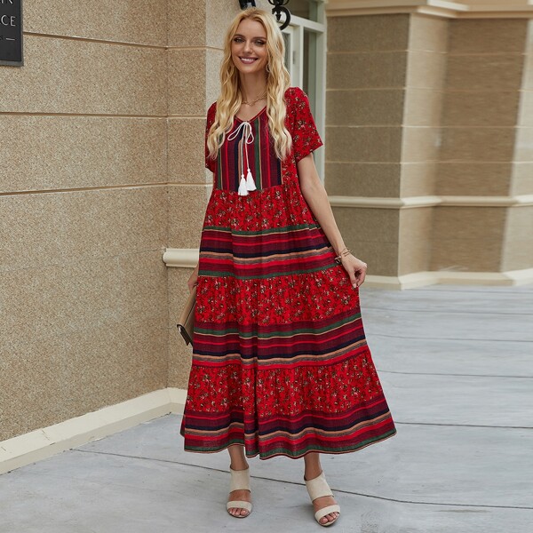

Ditsy Floral & Striped Panel Tassel Tie Dress, Multicolor