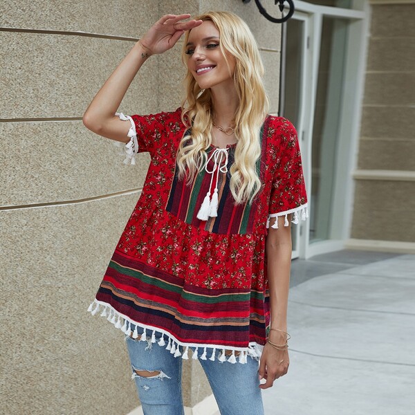 

Ditsy Floral & Striped Panel Fringe Trim Tassel Tie Peplum Top, Multicolor