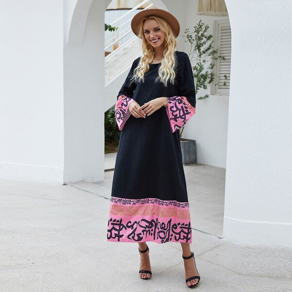 

Color-block Flounce Sleeve Tunic Dress, Black