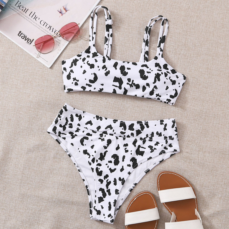 

Allover Print High Waisted Bikini Swimsuit, Black and white
