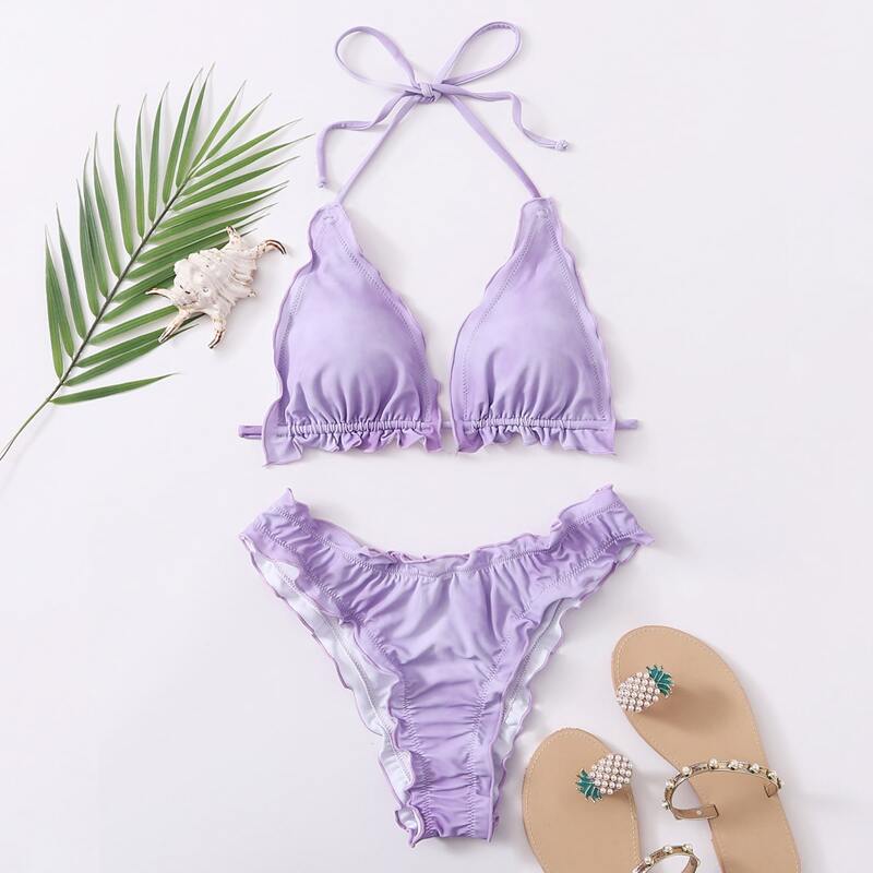 

Lettuce-Edge Triangle Bikini Swimsuit, Pastel lilac purple