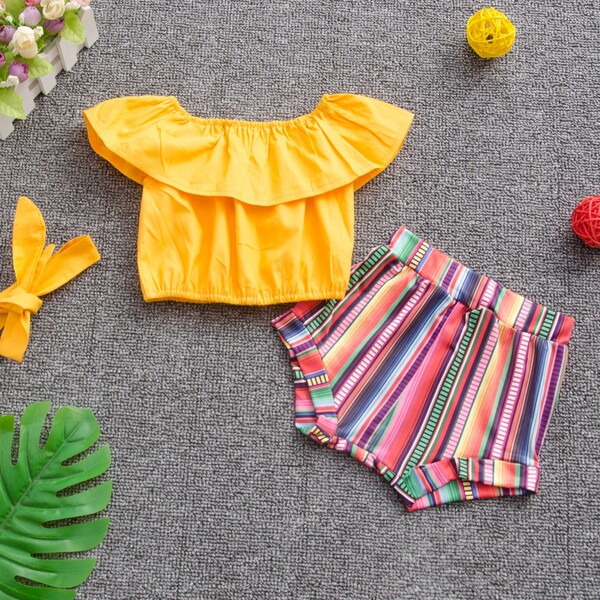 

Топ с открытыми плечами, полосатые шорты и повязка на голову для девочек, Многоцветный