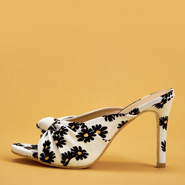 

Floral Graphic Stiletto Heeled Sandals, Black and white
