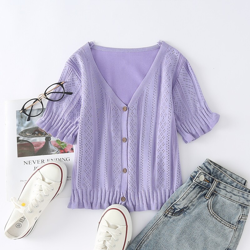 

Pointelle Knit Frill Trim Cardigan, Violet purple