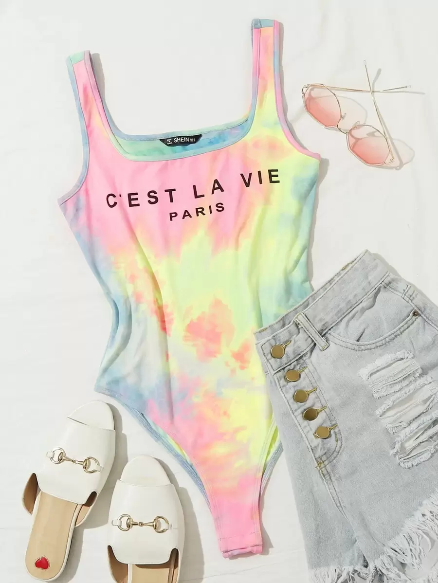 SHEIN EZwear Letter Graphic Tie Dye Tank Bodysuit