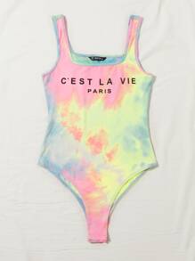 SHEIN EZwear Letter Graphic Tie Dye Tank Bodysuit