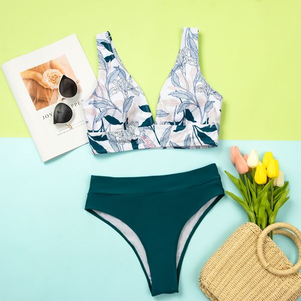 

Plant Print High Waisted Bikini Swimsuit, Multicolor