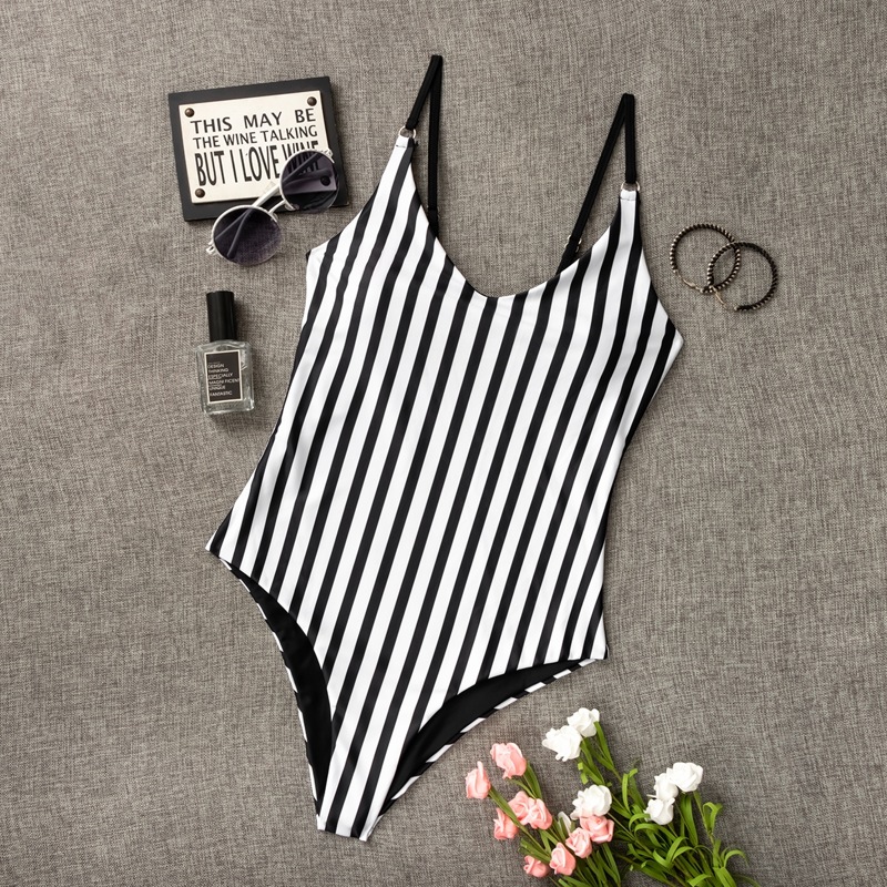 

Striped Print One Piece Swimsuit, Black and white