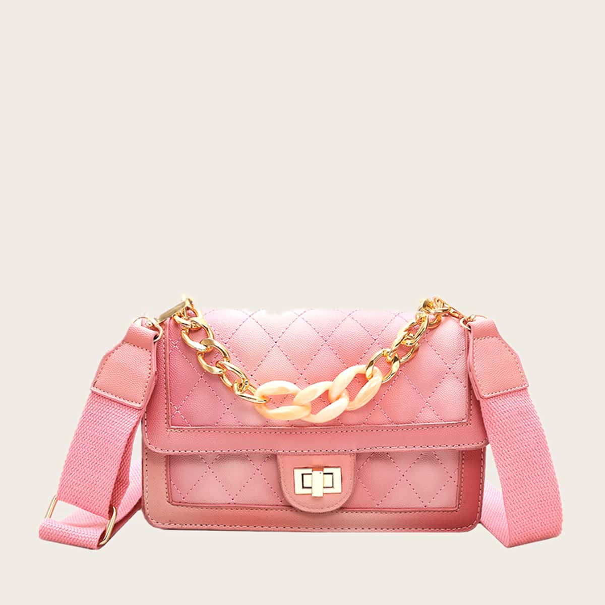 

Quilted Flap Satchel Bag, Pink