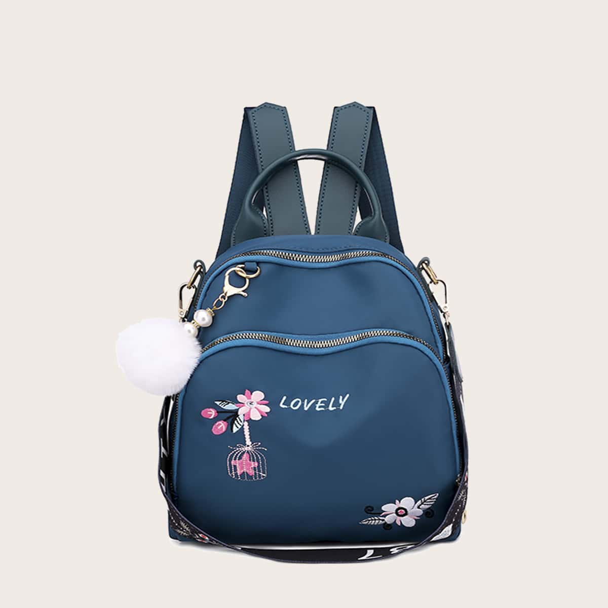 

Pom Pom Decor Floral Embroidery Backpack, Blue