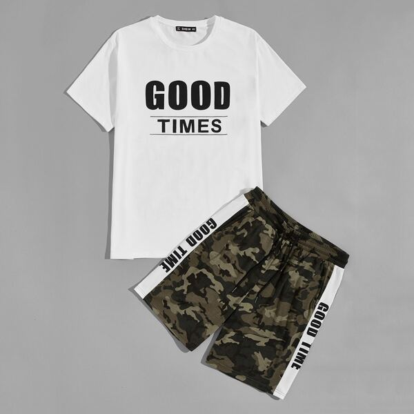 

Men Letter Graphic Top & Striped Side Camo Track Shorts Set, Multicolor