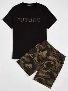 SHEIN Men Letter and Camo Print Tee & Shorts PJ Set - Multicolor - View 1