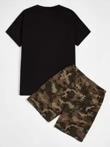 SHEIN Men Letter and Camo Print Tee & Shorts PJ Set - Multicolor - View 2