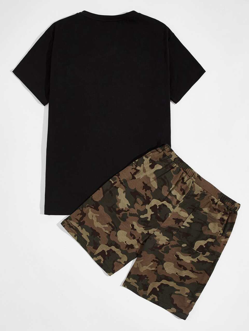 Men Letter and Camo Print Tee & Shorts PJ Set