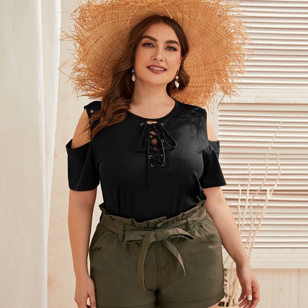 

Plus Cold Shoulder Lace Up Tee, Black