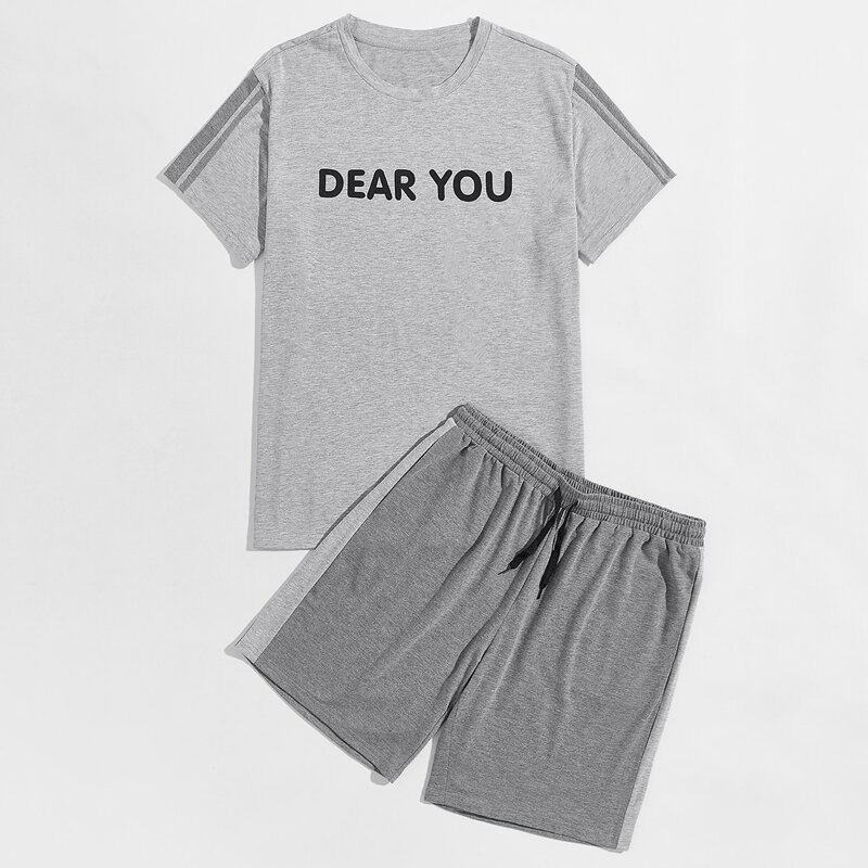 

Guys Striped & Slogan Graphic Tee & Drawstring Waist Sweat Shorts, Grey