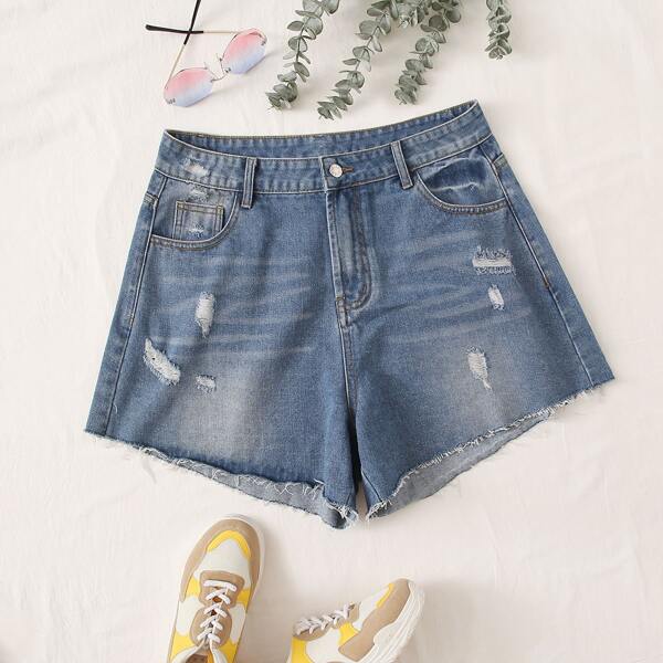 

Plus Ripped Raw Hem Cat Whisker Denim Shorts, Medium wash