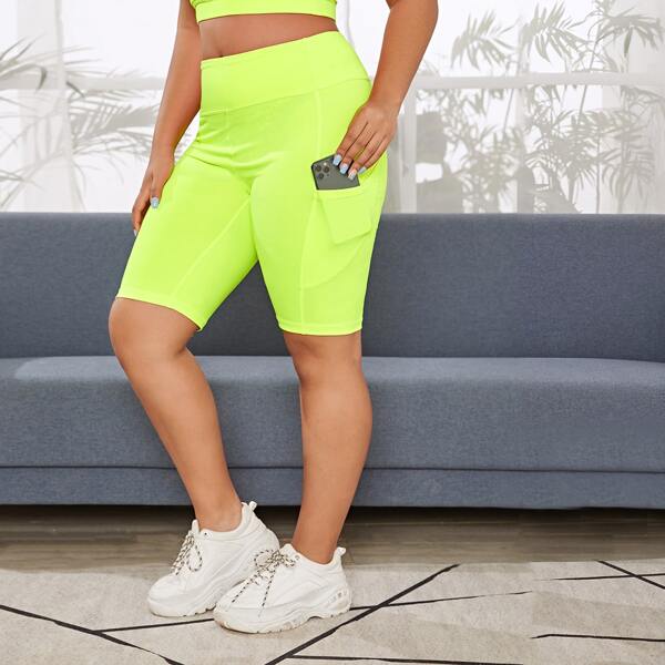 

Plus Wideband Waist Biker Shorts With Phone Pocket, Green neon