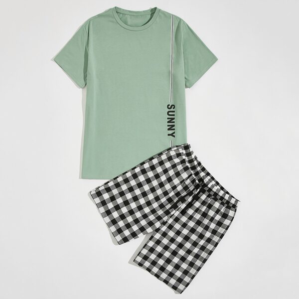 

Men Letter Graphic Tee & Buffalo Plaid Shorts, Multicolor
