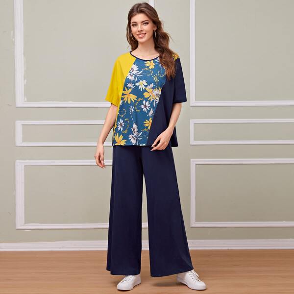 

Floral Colorblock Top & Wide Leg Pants Set, Royal blue