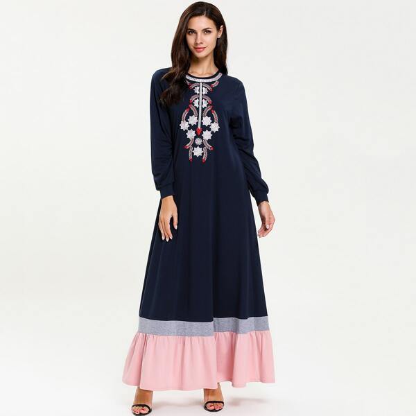 

Tribal Embroidered Colorblock Smock Dress, Navy blue