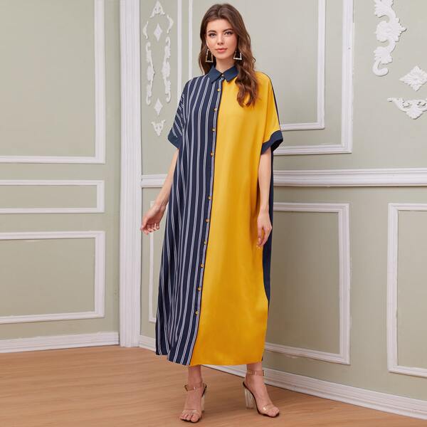 

Batwing Sleeve Button Front Striped Spliced Dress, Multicolor