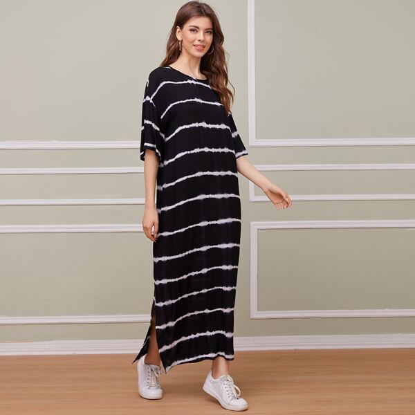 

Drop Shoulder Split Hem Striped Dress, Black