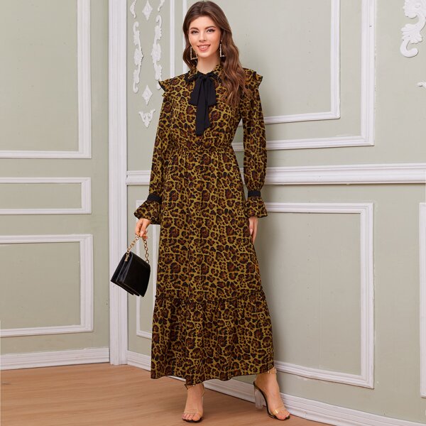 

Tie Neck Bell Sleeve Ruffle Trim Leopard Dress, Multicolor